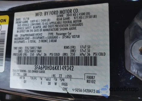 2019 Ford Fusion Se z USA, uszkodzony, nr VIN 3FA6P0HD6KR149342